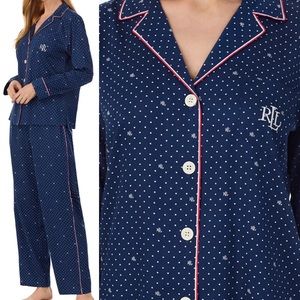 Lauren Ralph Lauren Navy Dot Long Sleeve Notch Collar Long Pant Pajama Set